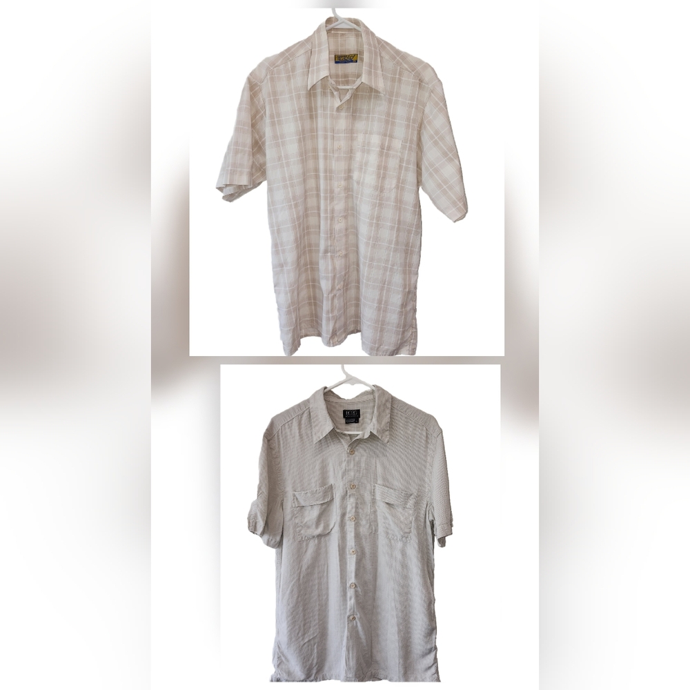 BUNDLE 2 Shirts--Men's Beige Plaid & Beige Checkered Button-Up Size L